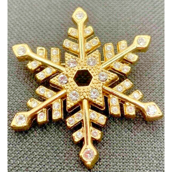 Womens Snowflake Brooch Pendant Gold Tone With Rhinestones RARE Vintage - Picture 7 of 7